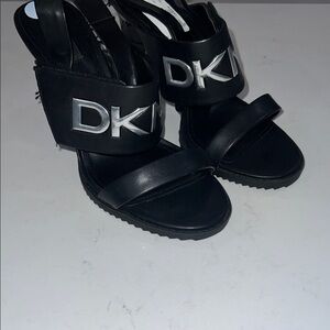 DKNY Black Heeled Sandals with Silver Logo